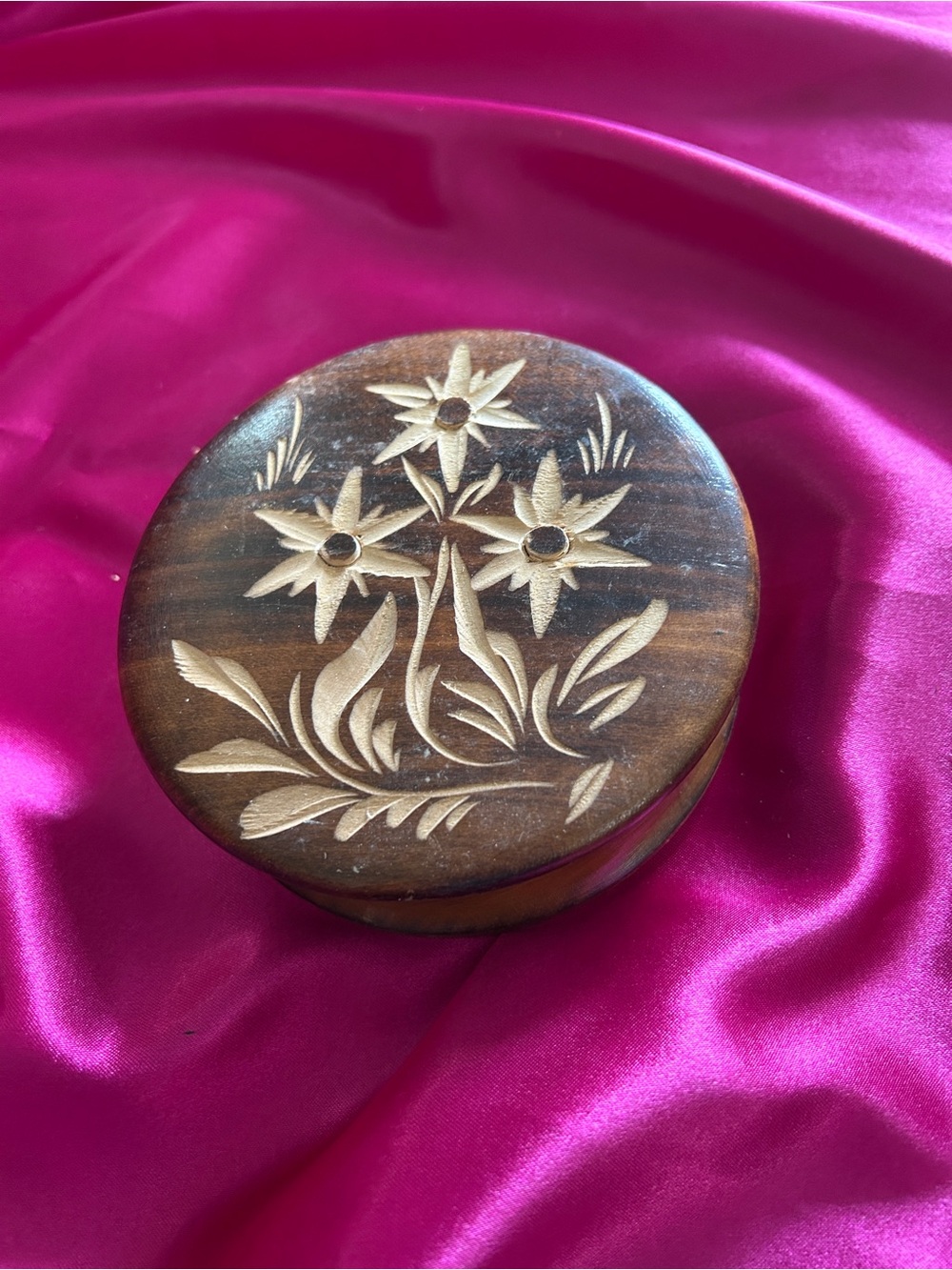 Round Wood Carved Trinket Box